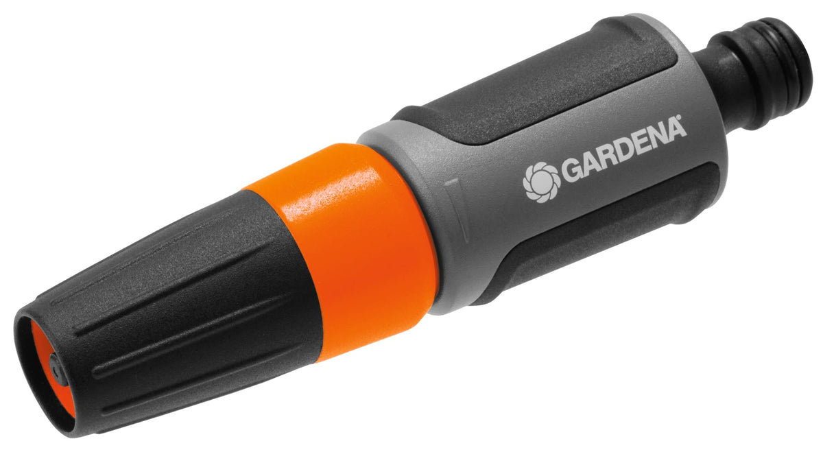 GARDENA boquilla frontal mostrando chorro ajustable y control preciso
