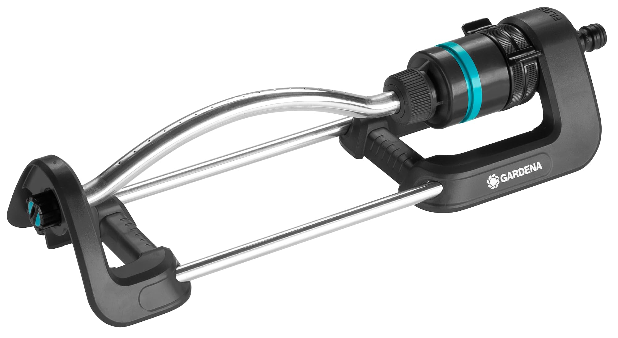 Gardena aspersor frontal mostrando diseño compacto y beneficio de riego uniforme
