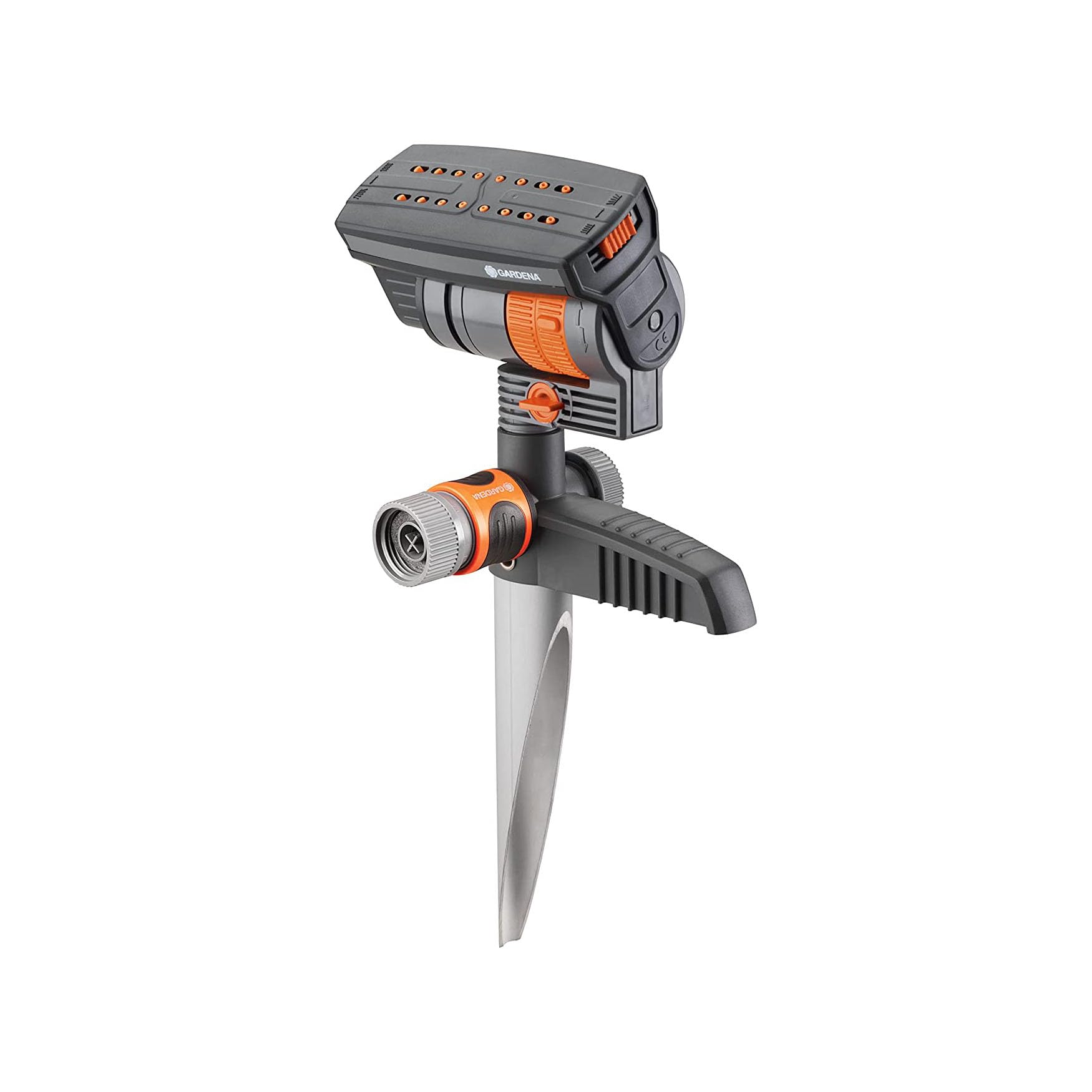 Gardena ZoomMaxx vista frontal mostrando boquillas y control para riego uniforme
