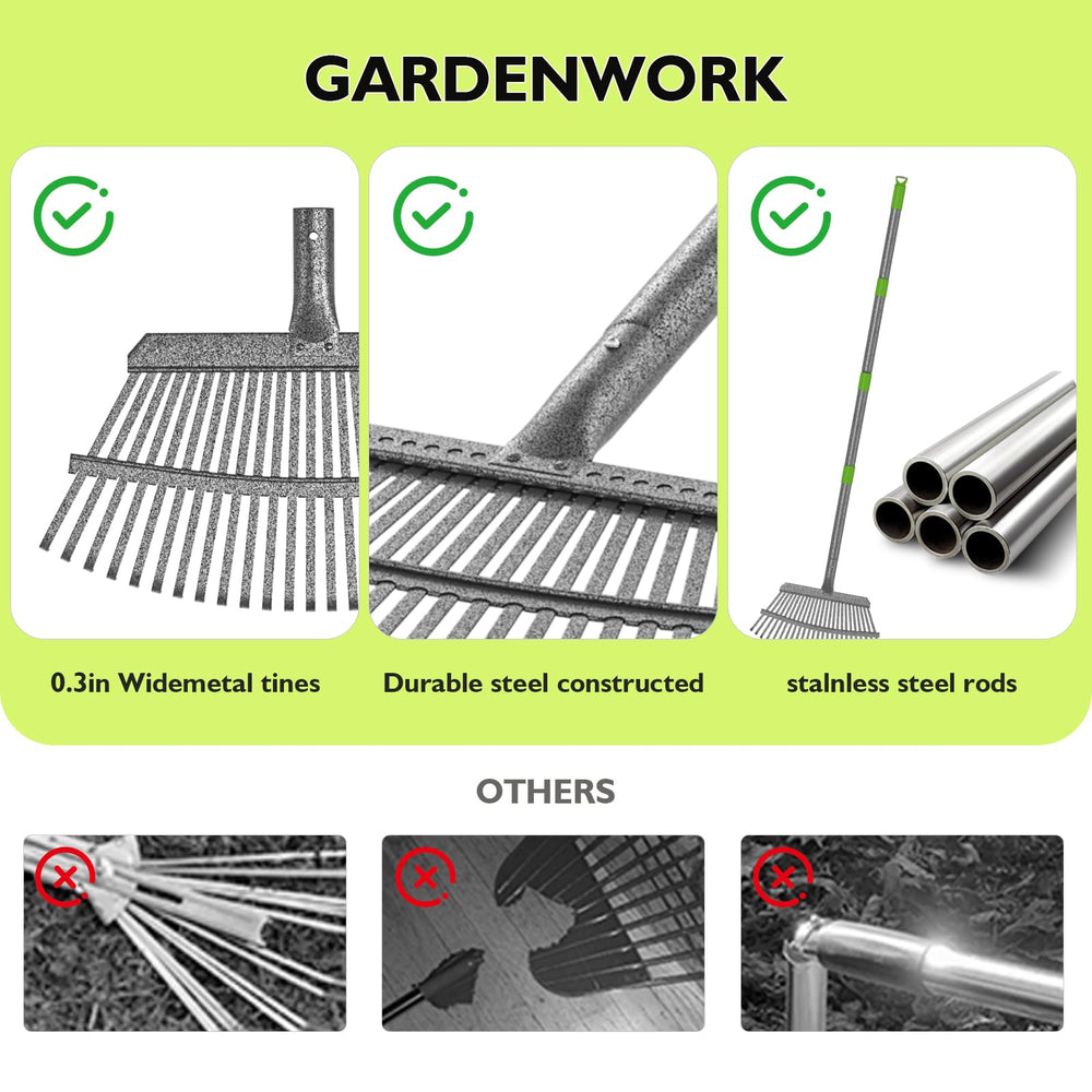 GARDENWORK detalle de dientes metálicos resistentes, durabilidad en uso