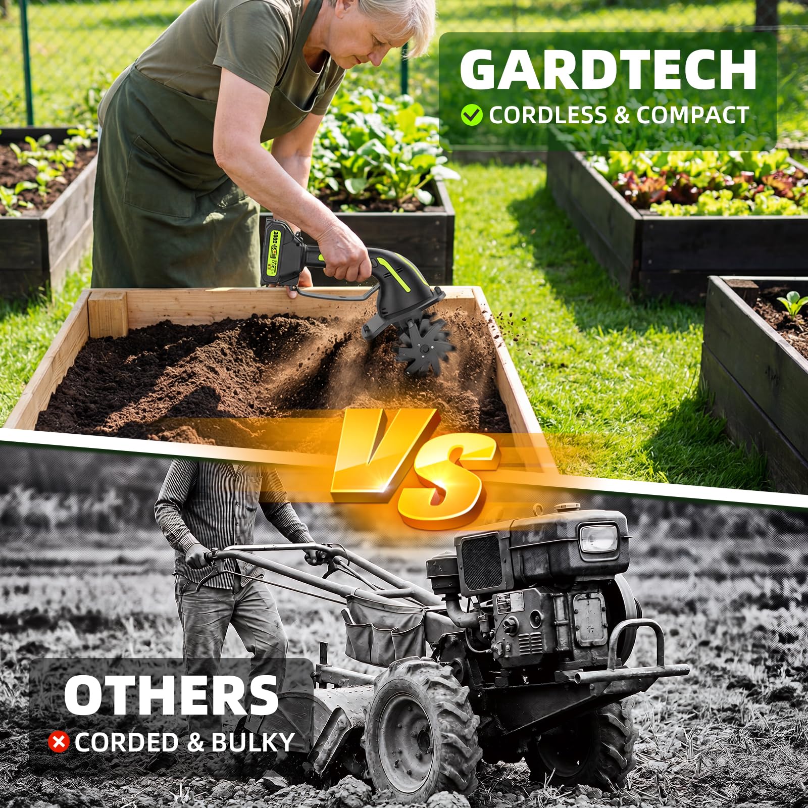 Gardtech tamaño en mano demostrando peso ligero y manejo cómodo