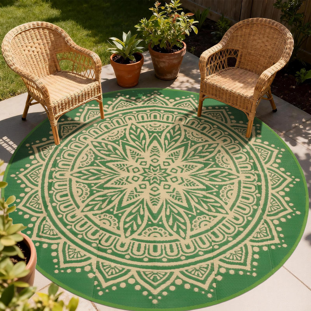 Geanlod alfombra frontal redonda mostrando diseño boho y resistencia
