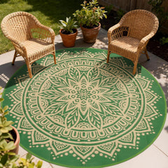 Geanlod alfombra frontal redonda mostrando diseño boho y resistencia