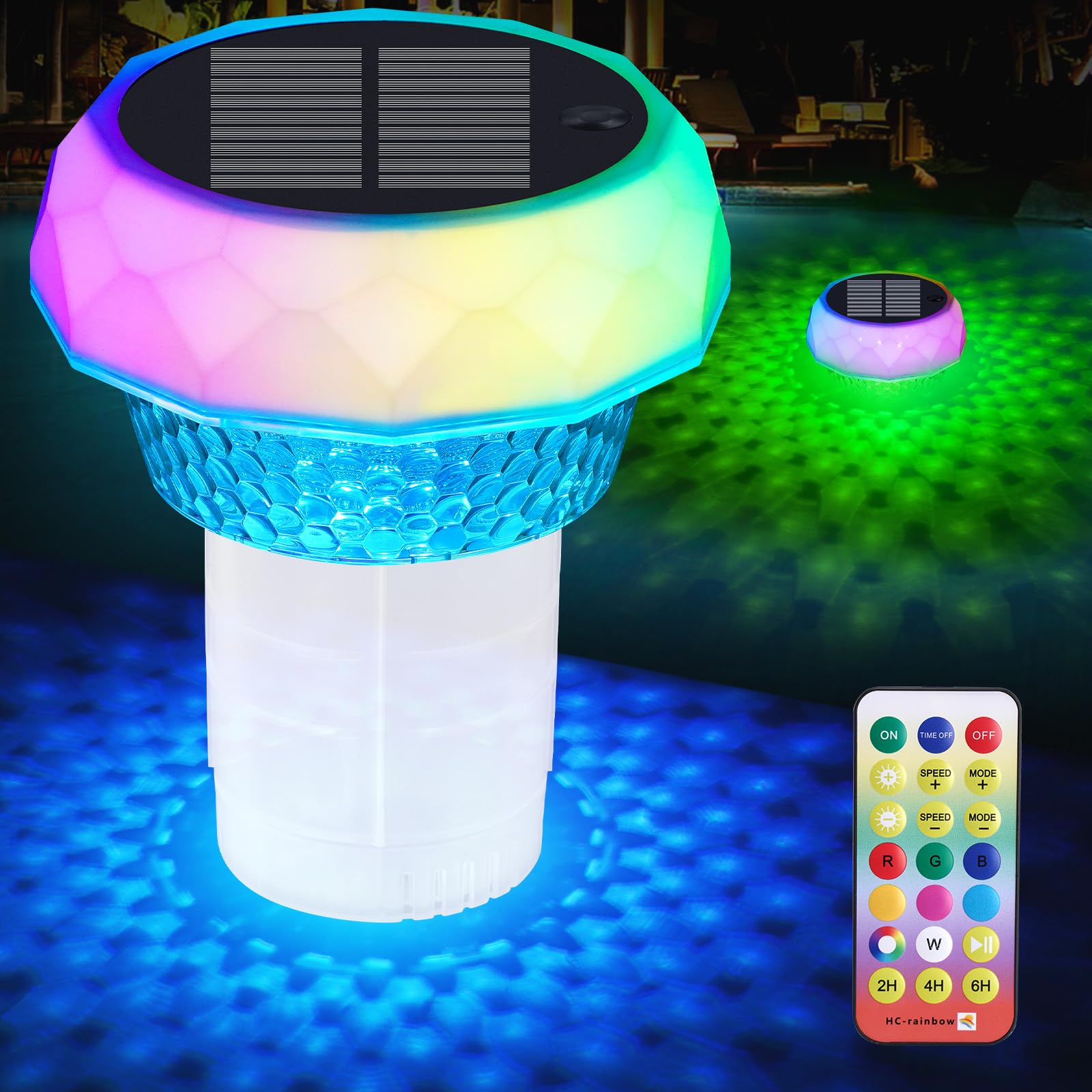 Gemce flotador frontal con luces RGB mostrando visibilidad nocturna