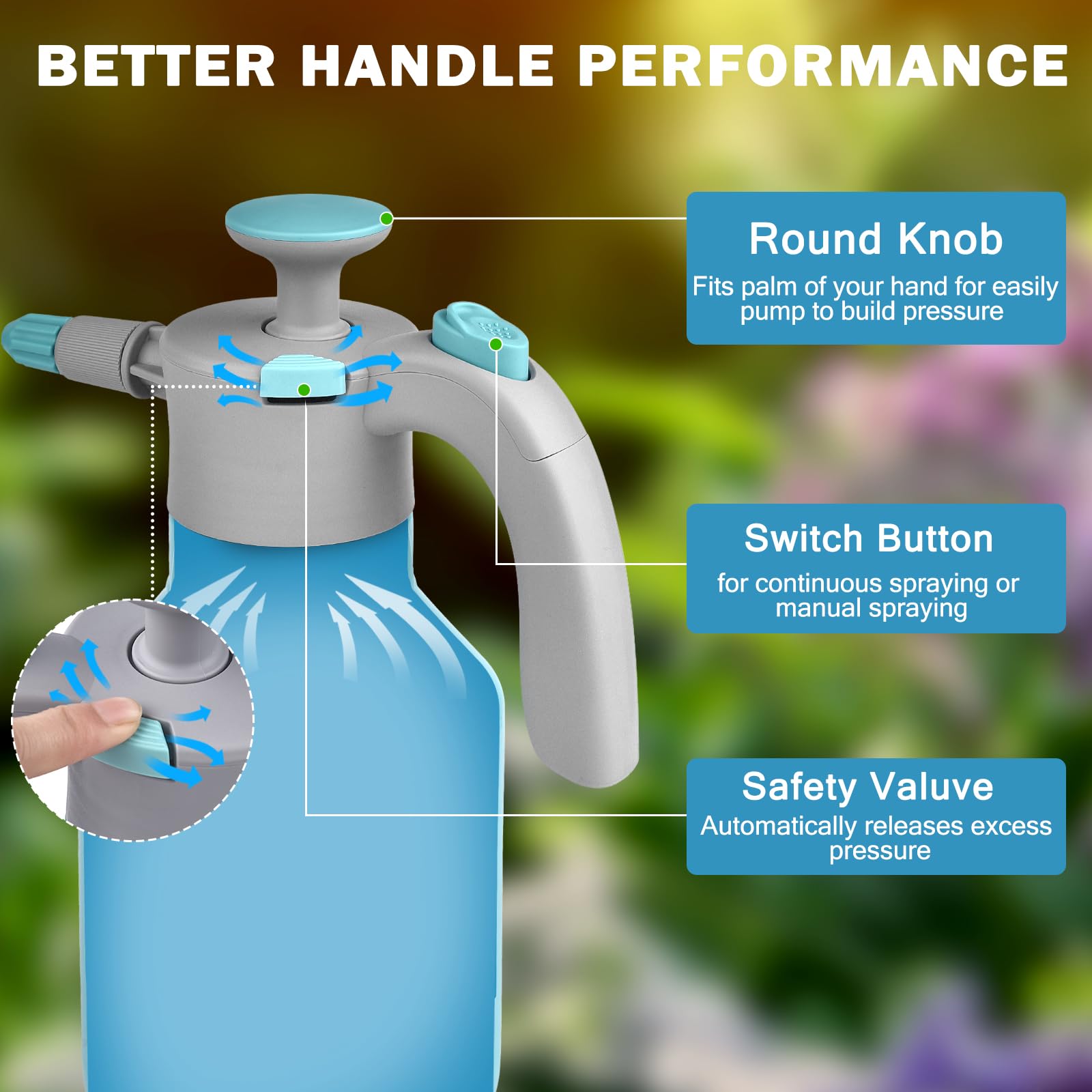 GESTONE pulverizador en manos regando plantas, manejo cómodo