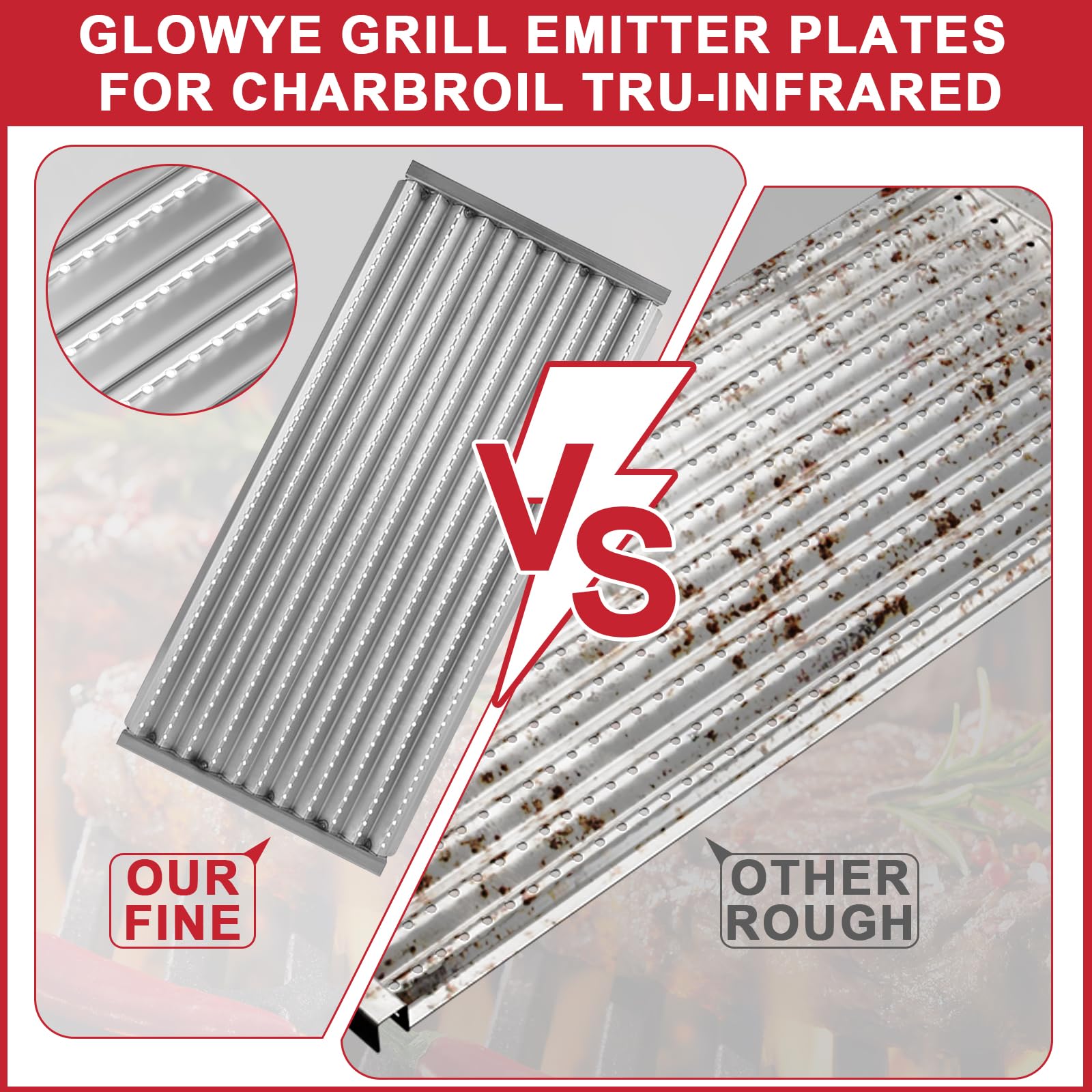 GLOWYE parrilla en uso asando carne con calor uniforme y menos flare-ups