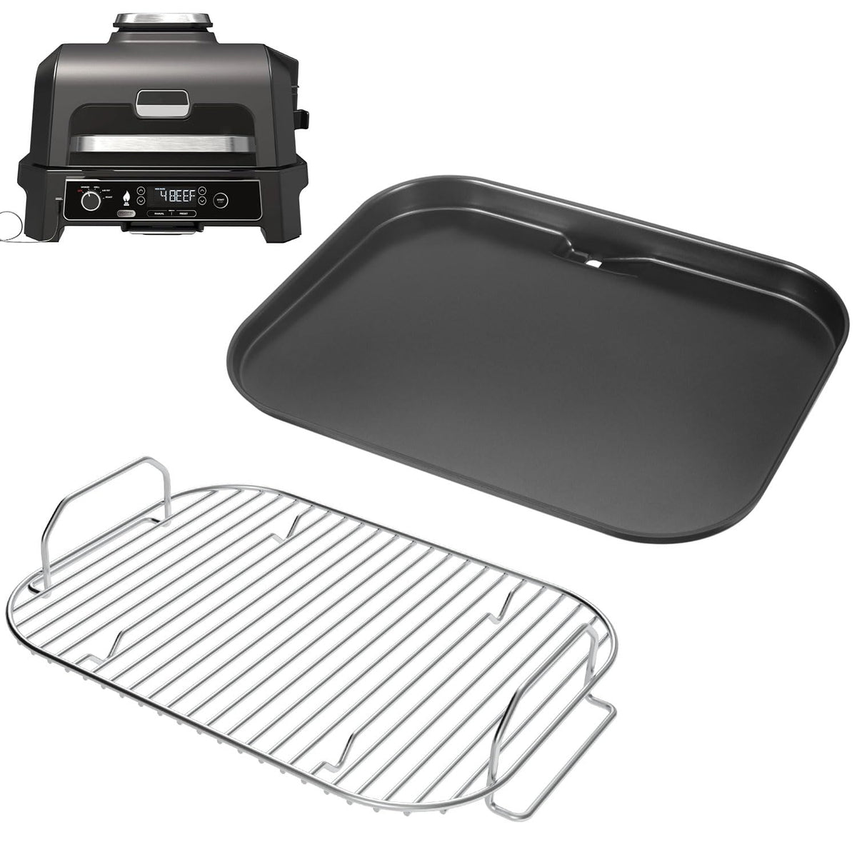 GLOWYE plancha frontal para Ninja Woodfire mostrando ajuste y limpieza mejorada