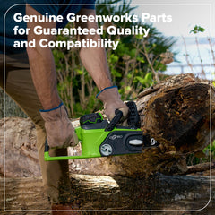 Greenworks primer plano de dientes de cadena, detalle para corte eficiente