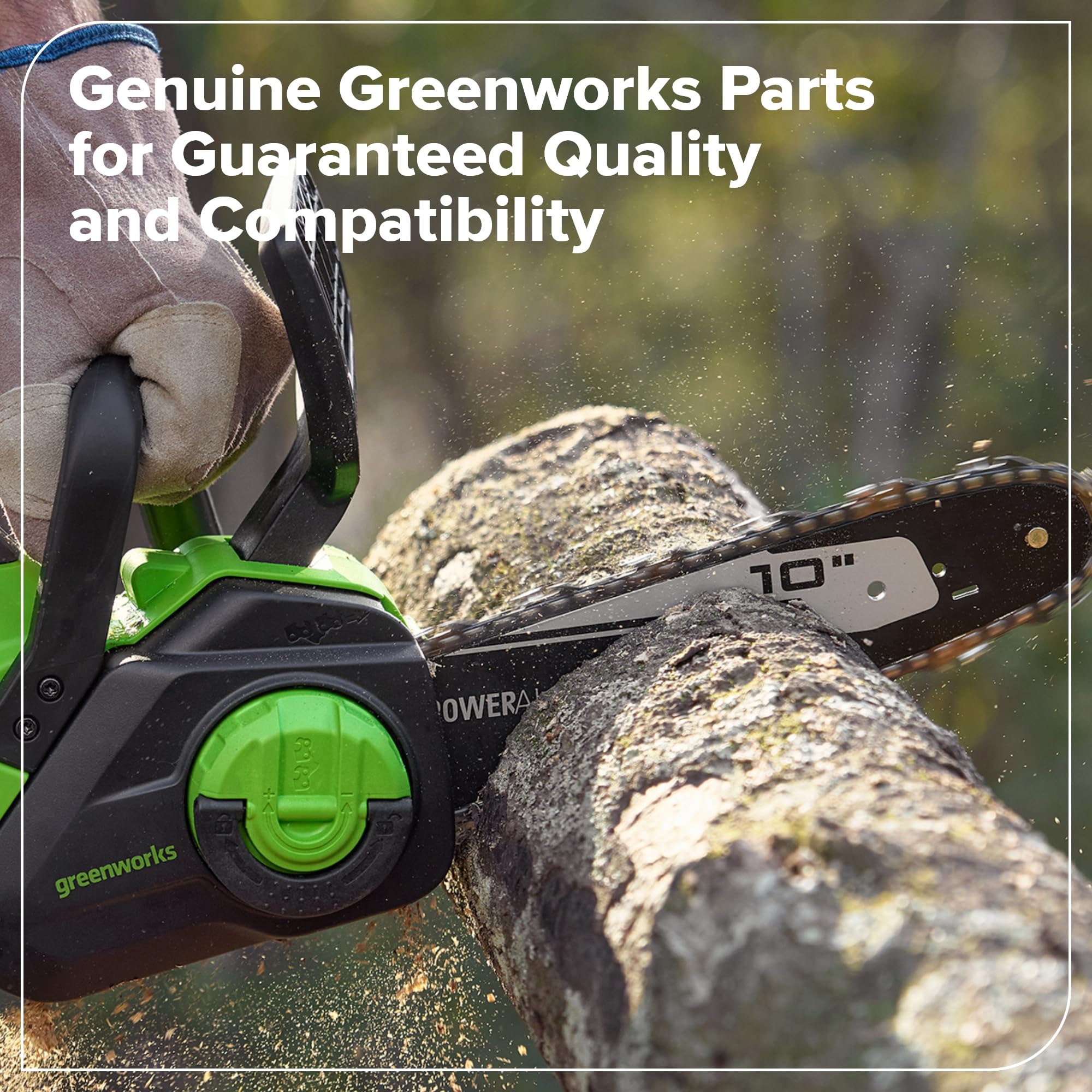 Greenworks comparación de tamaño indica ajuste para espada de 10 pulgadas