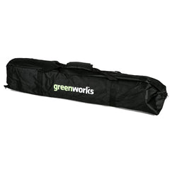 Greenworks funda frontal mostrando cierre y protección, transporte seguro