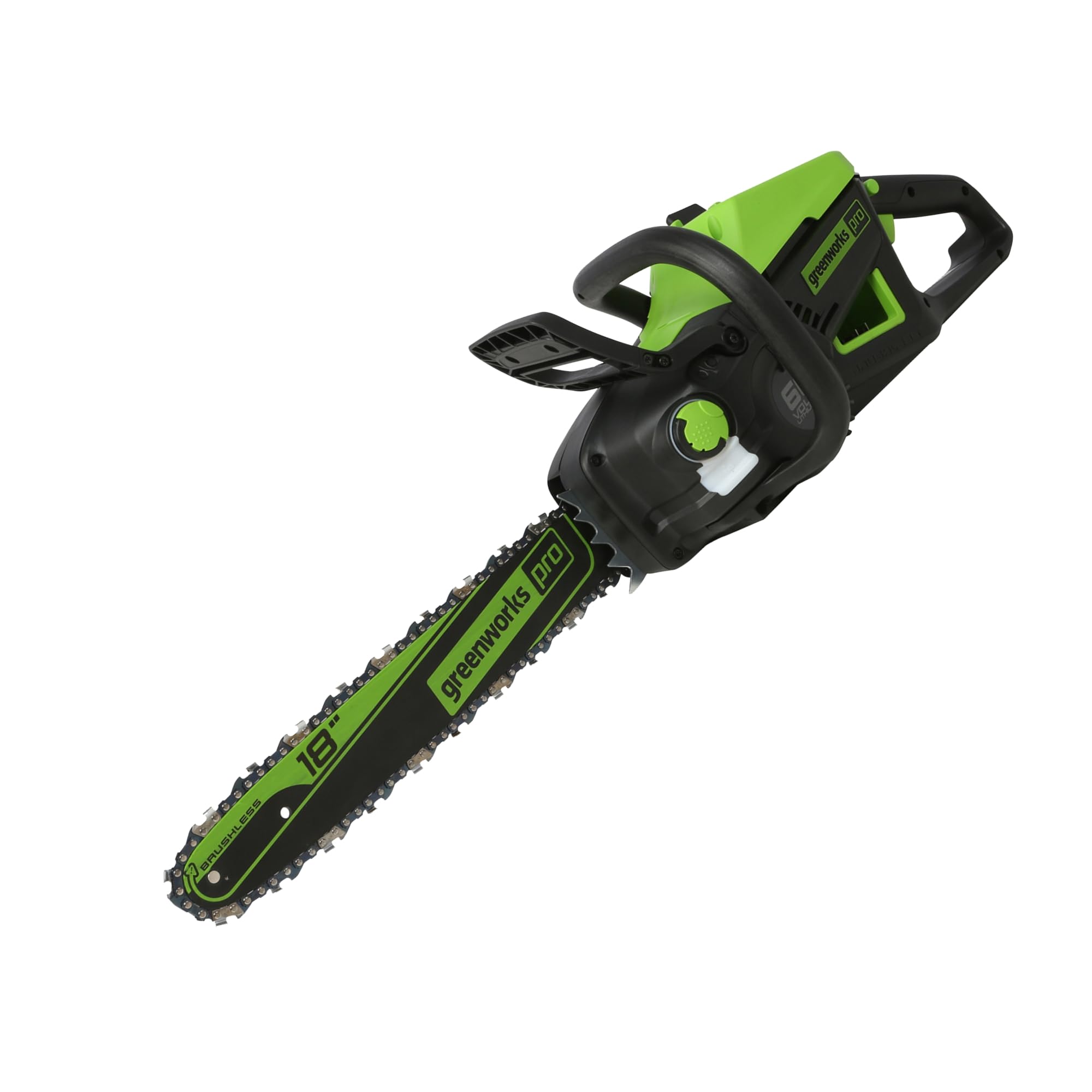 Greenworks motosierra 18in frontal mostrando diseño compacto y manejo cómodo