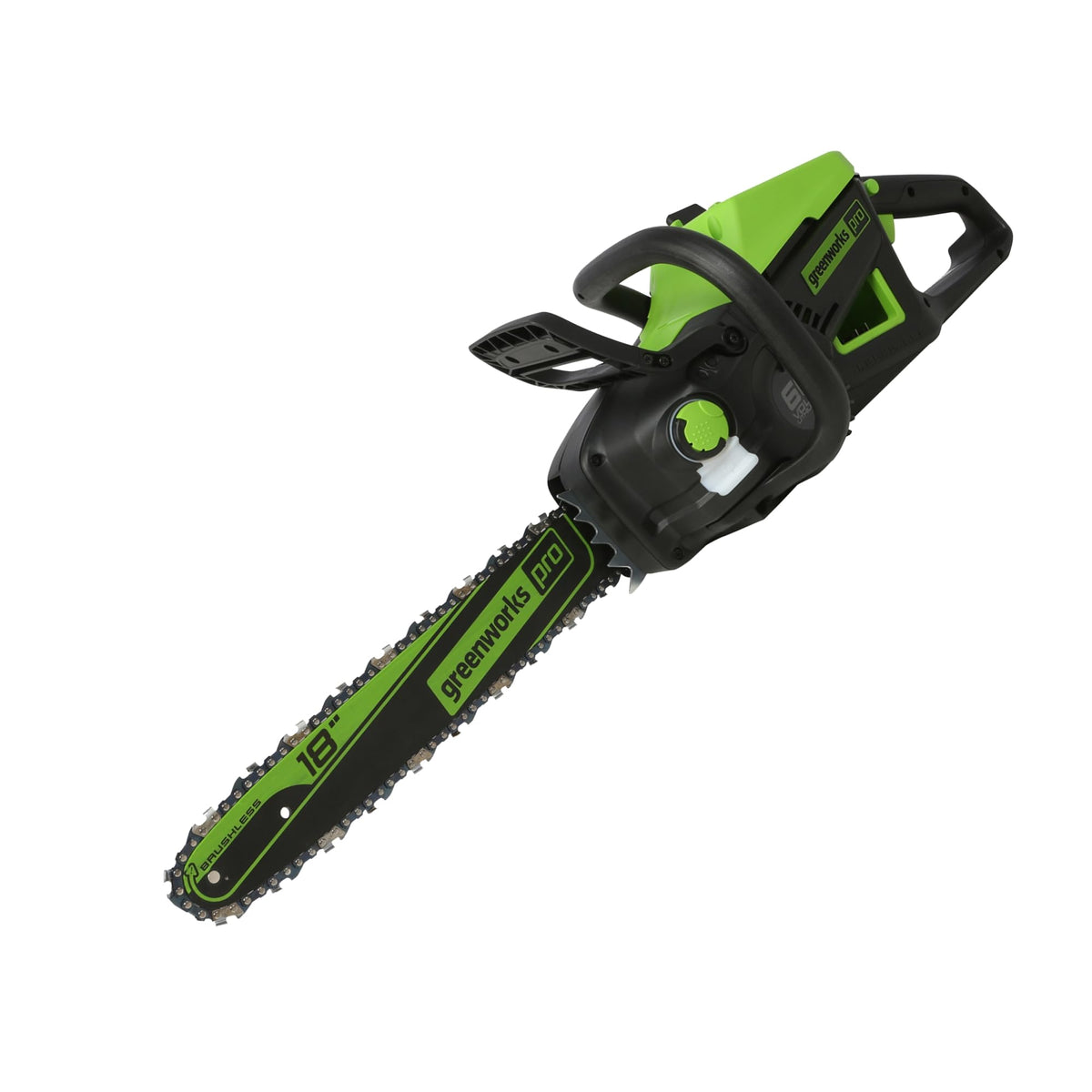 Greenworks motosierra 18in frontal mostrando diseño compacto y manejo cómodo