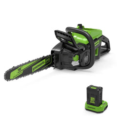 Greenworks vista frontal de la motosierra mostrando diseño y ergonomía