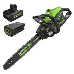 Greenworks vista frontal de la motosierra mostrando barra y cadena, potencia fiable