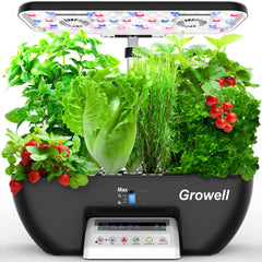 Growell vista frontal del sistema hidropónico con 17 macetas y luces encendidas mostrando ahorro de espacio