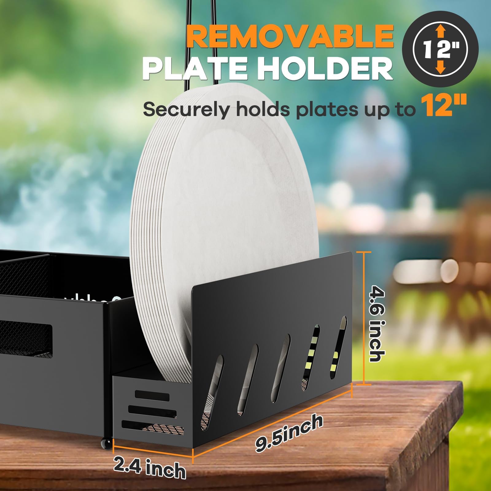 GUIBUKEYAN caddy en uso sobre mesa de camping con condimentos y platos, optimiza espacio de trabajo