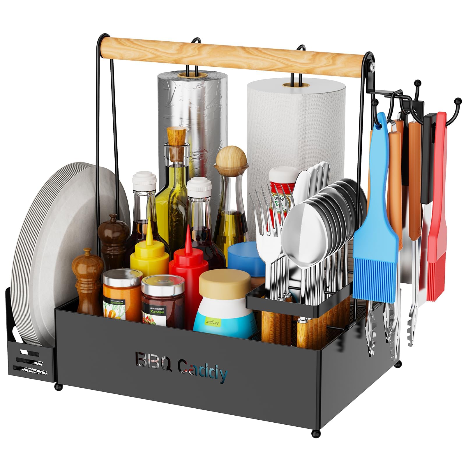 GUIBUKEYAN vista frontal del caddy para parrilla con compartimentos para condimentos y cubiertos, organiza eficazmente