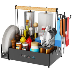 GUIBUKEYAN vista frontal del caddy para parrilla con compartimentos para condimentos y cubiertos, organiza eficazmente
