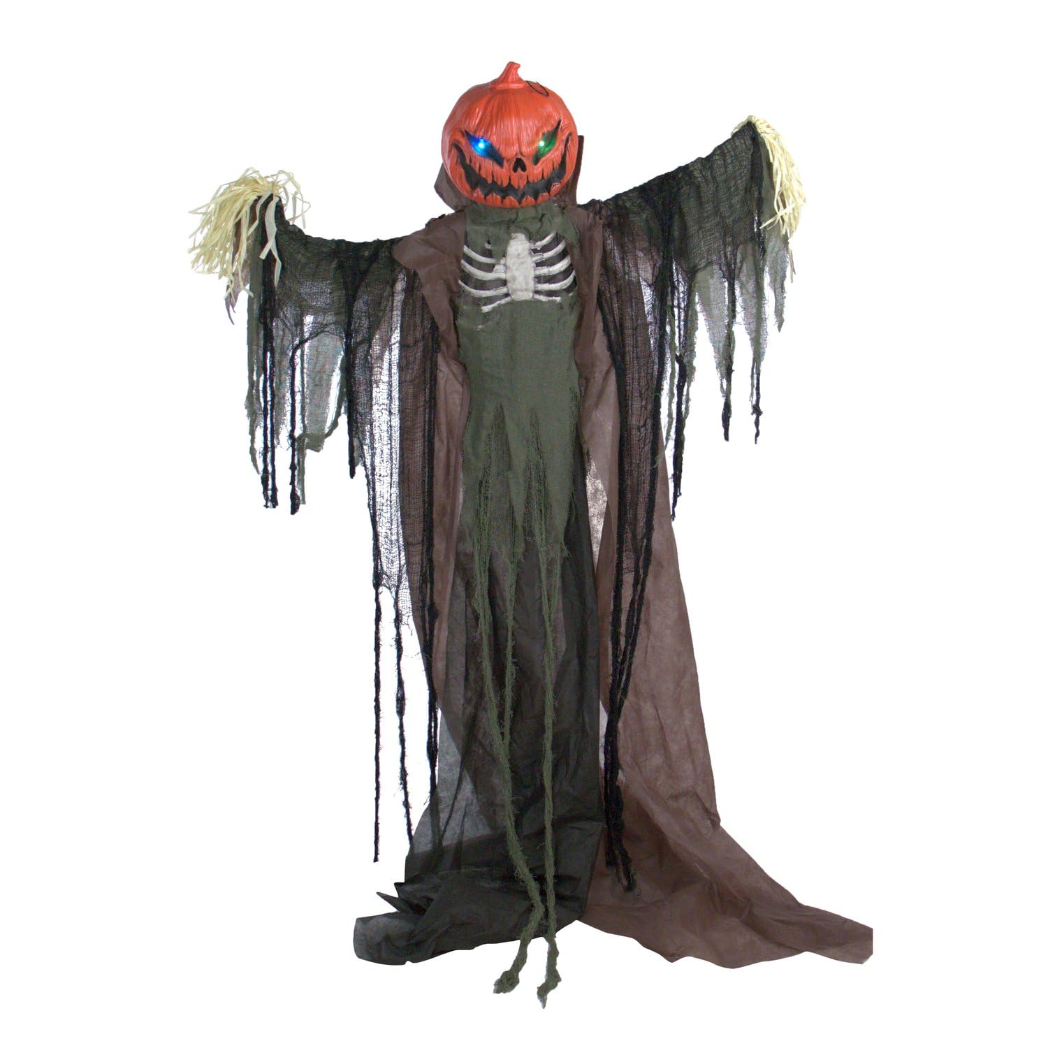 Haunted Hill Farm vista frontal del espantapájaros de calabaza mostrando presencia aterradora