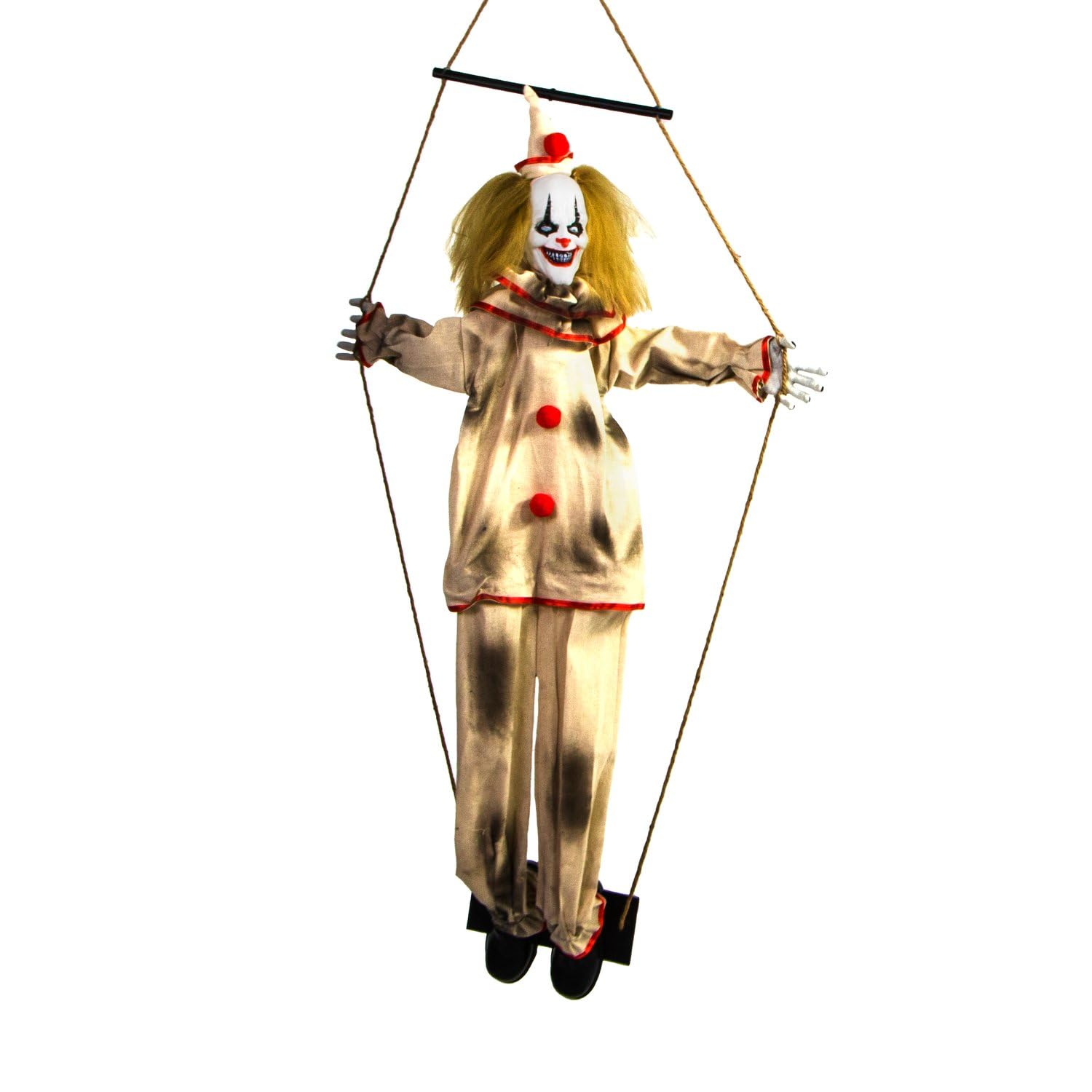 Haunted Hill Farm payaso colgante frontal mostrando presencia aterradora