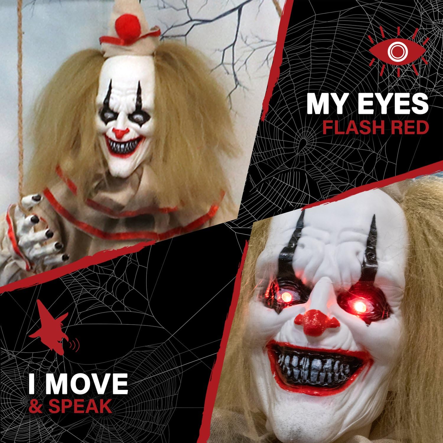 Haunted Hill Farm payaso colgado en porche dando la bienvenida y asustando invitados