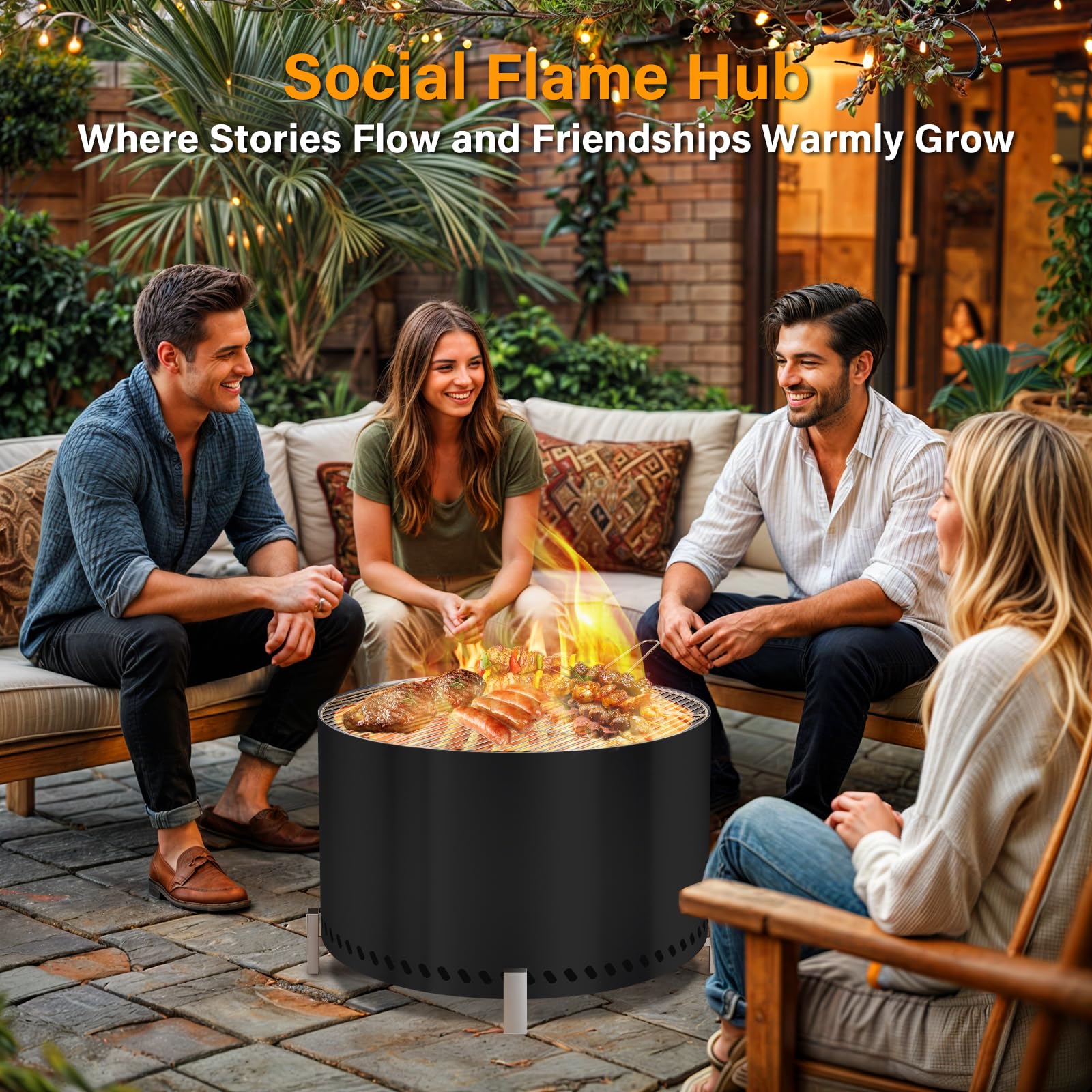 HGD fogón uso nocturno reuniendo amigos creando ambiente cálido