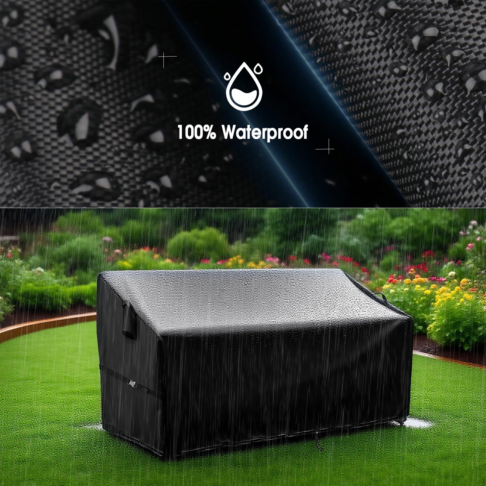 Hiticover funda colocada en sofá exterior mostrando protección completa