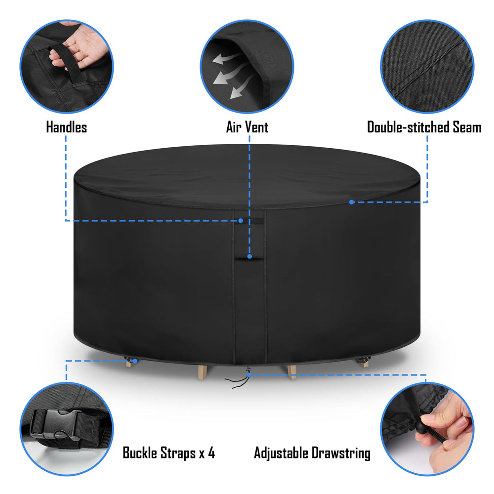 Hiticover funda puesta en mesa de patio protegiendo contra lluvia
