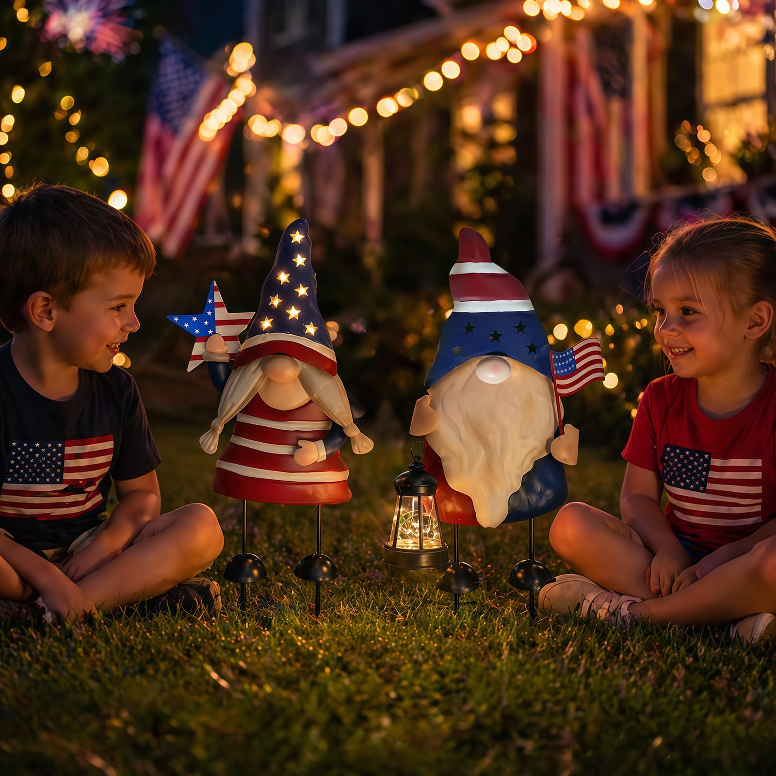 HONGLAND gnomos en jardín durante 4 de julio creando ambiente patriótico
