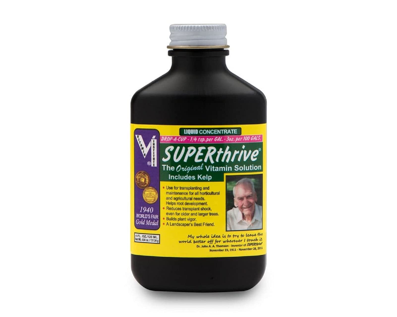 Hydrofarm Superthrive frasco frontal mostrando etiqueta y uso para vigor vegetal