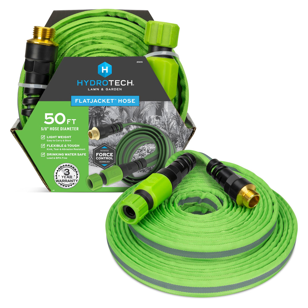 HydroTech vista frontal del empaque mostrando la manguera ligera y compacta