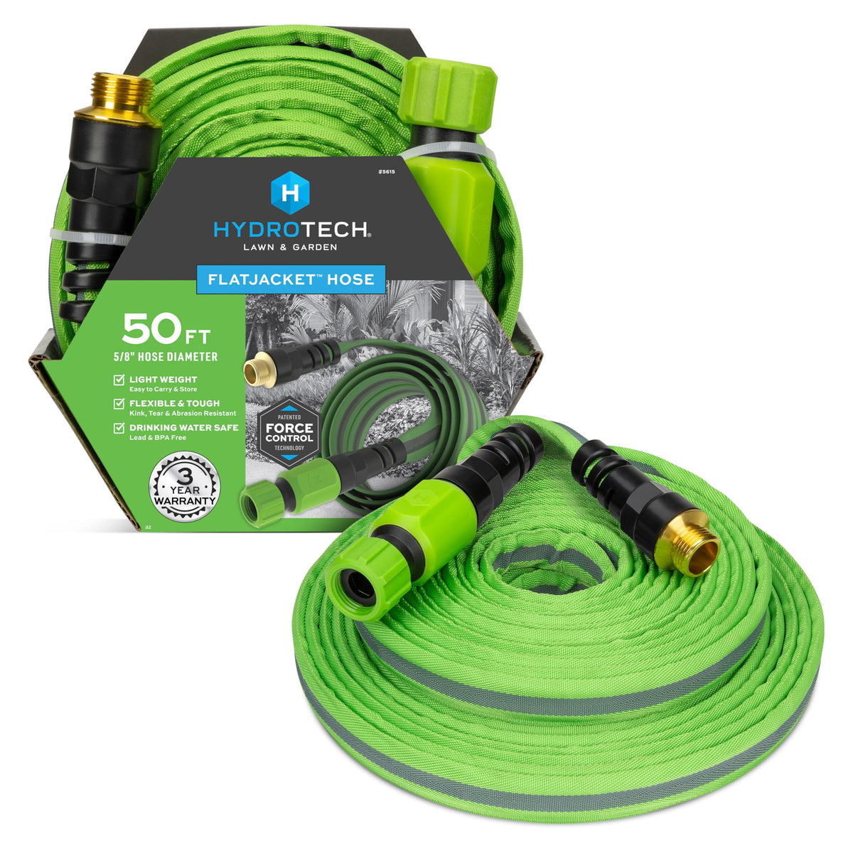 HydroTech vista frontal del empaque mostrando la manguera ligera y compacta