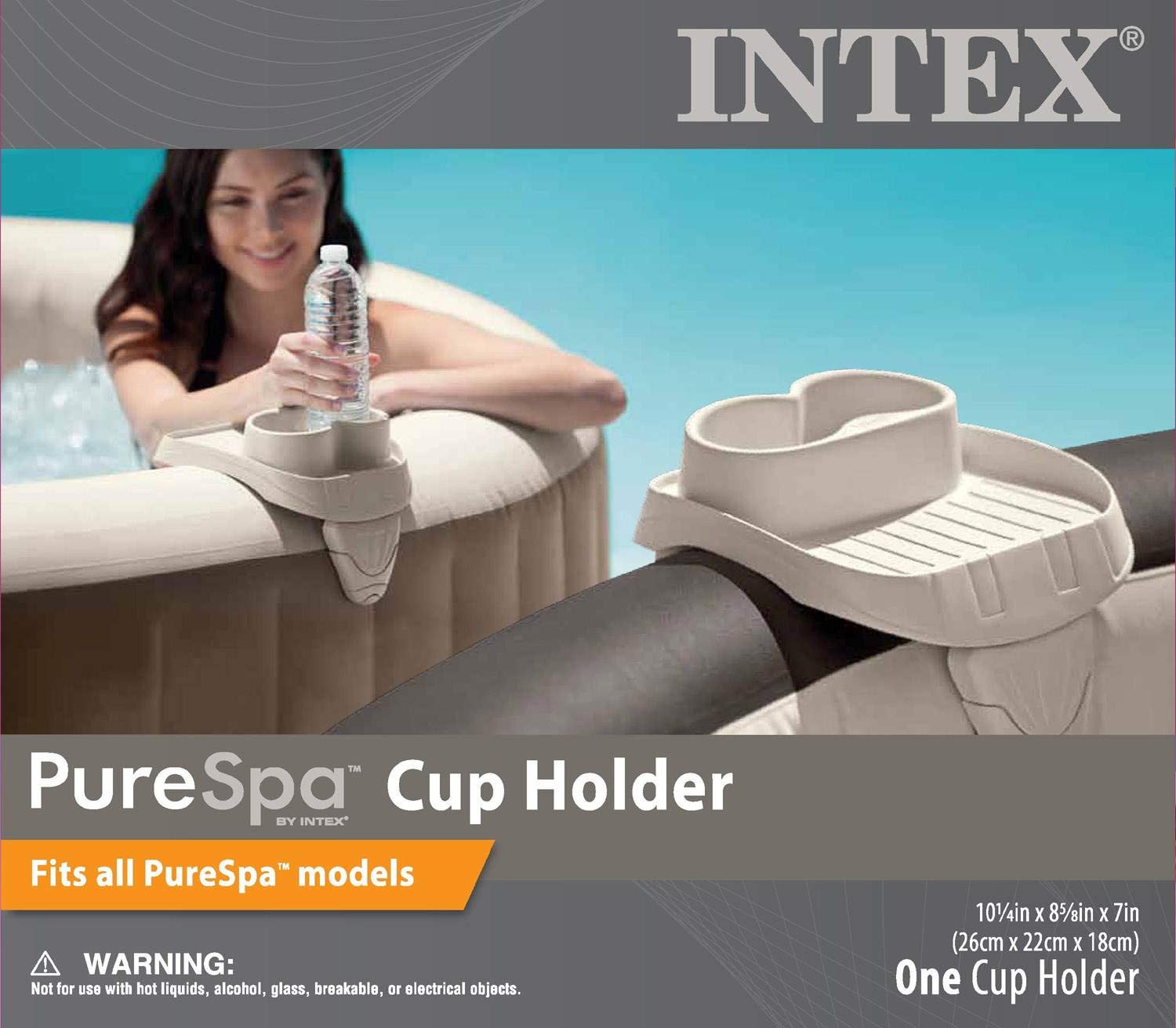 Intex portavasos tamaño real comparado con botella estándar para referencia