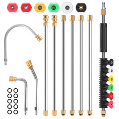 JERUIFOX paquete frontal del kit de limpieza de canaletas mostrando piezas y accesorios, facilita mantenimiento seguro