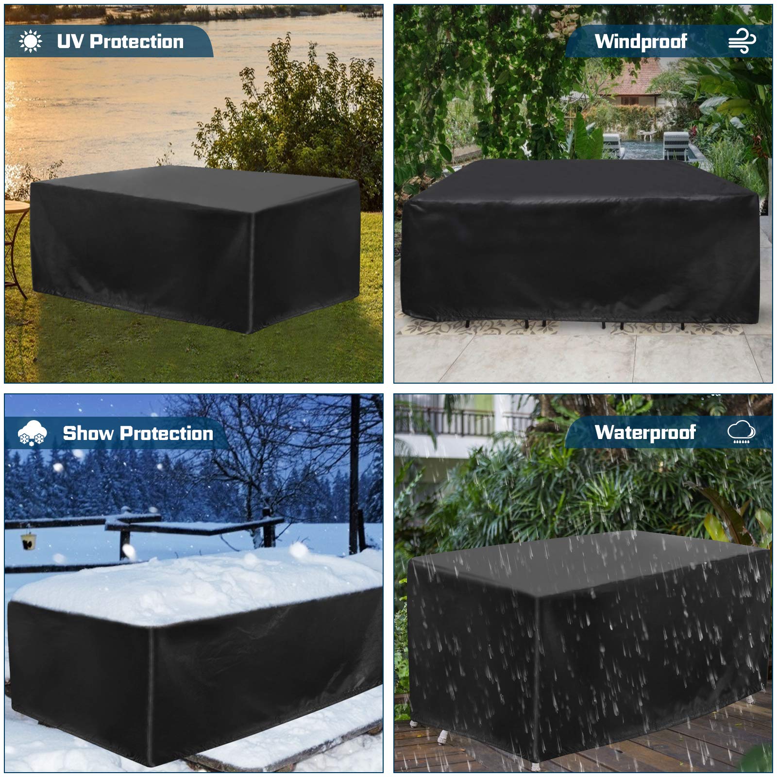 JESTOP funda colocada en un patio protegiendo muebles de lluvia y polvo