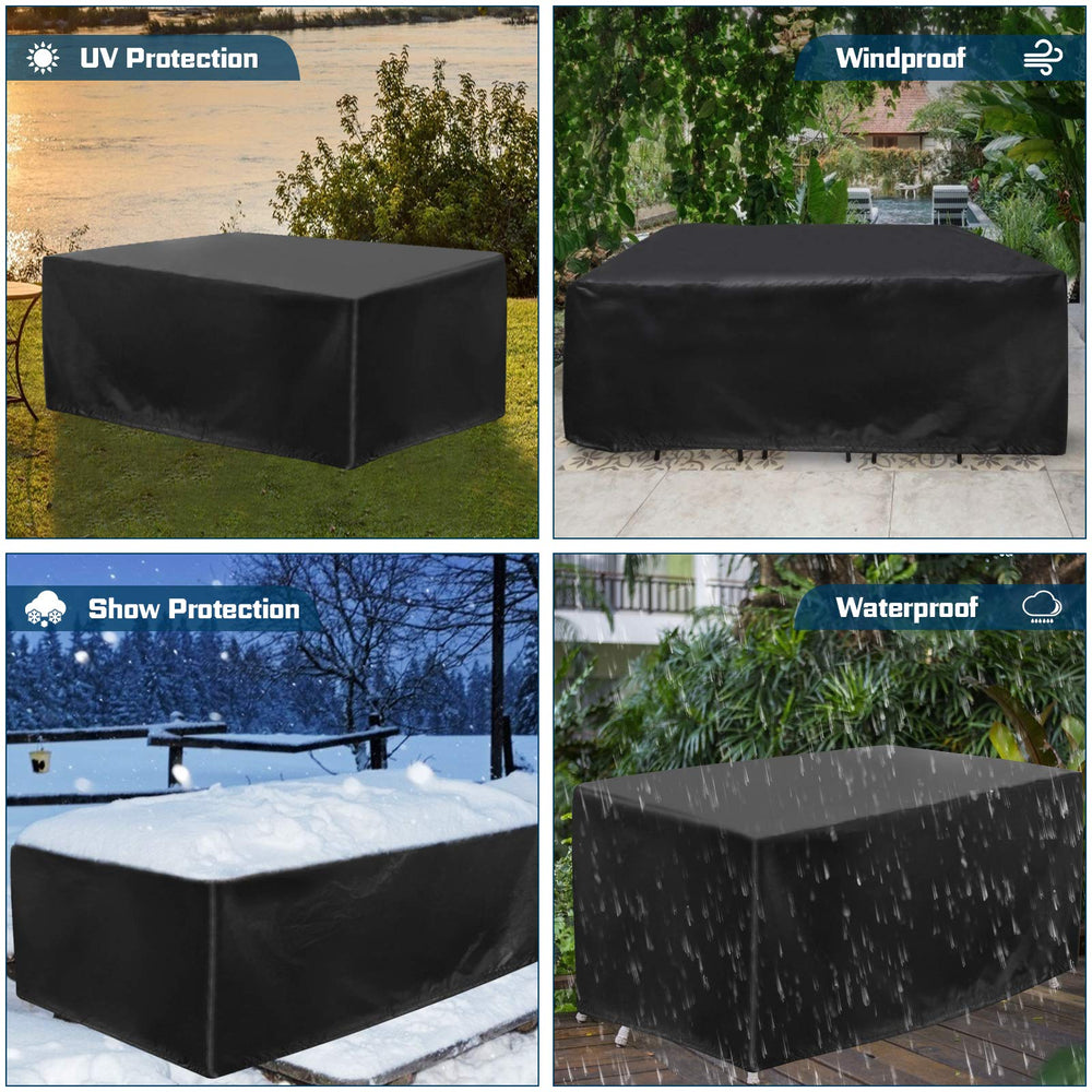 JESTOP funda colocada en un patio protegiendo muebles de lluvia y polvo