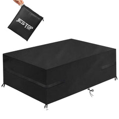 JESTOP vista frontal de la funda protegiendo mesa de patio, protección completa