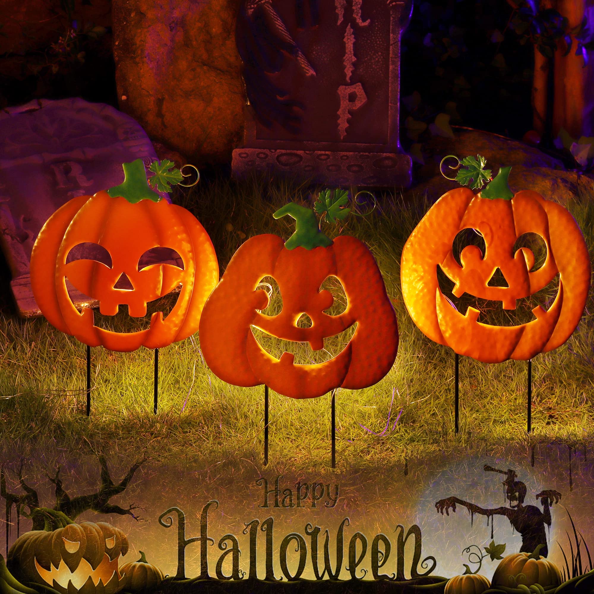 Juegoal vista frontal de las calabazas iluminadas para crear ambiente festivo