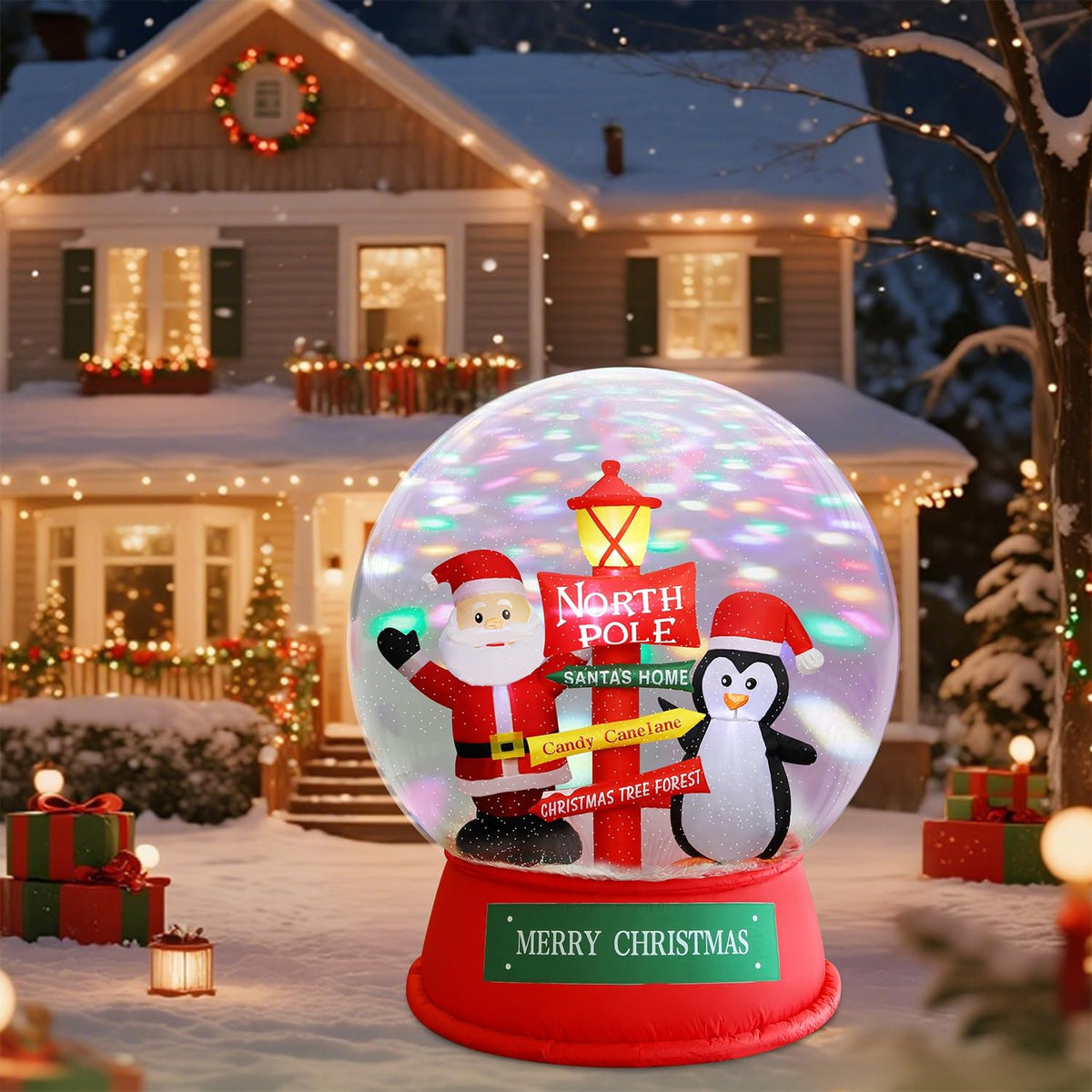 Juegoal globo de nieve frontal iluminado mostrando Papá Noel y pingüino, mejora la decoración