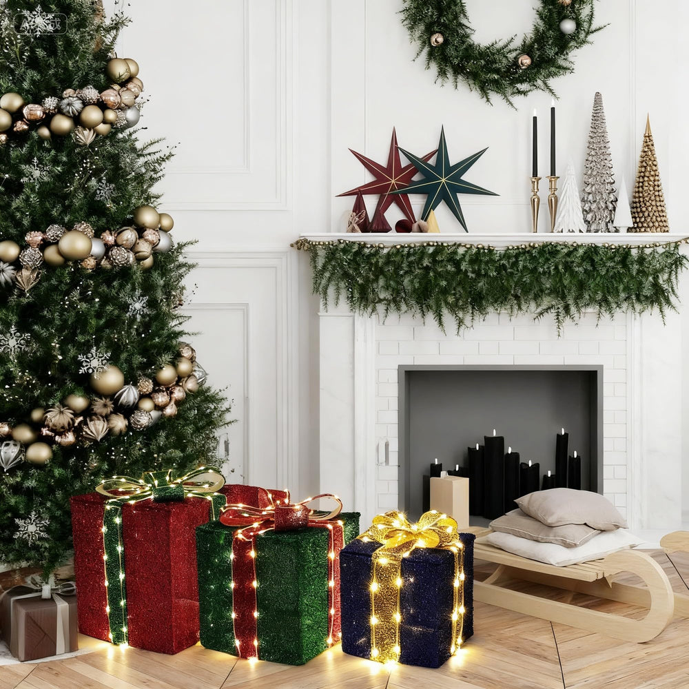 Jyoiat caja colocada bajo árbol navideño para decoración festiva segura