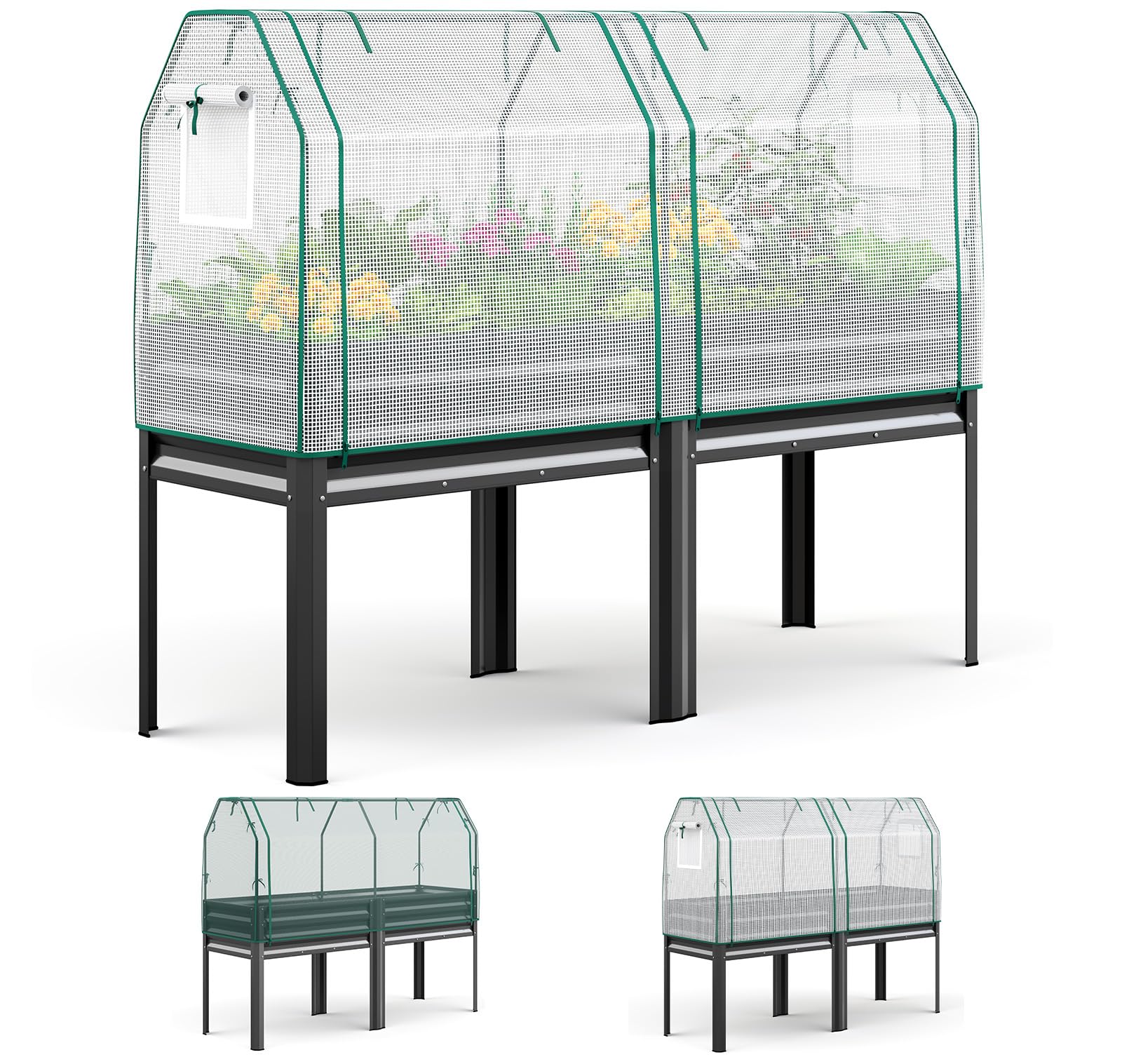 KING BIRD vista frontal de la cama elevada con cubierta, protege y organiza el cultivo