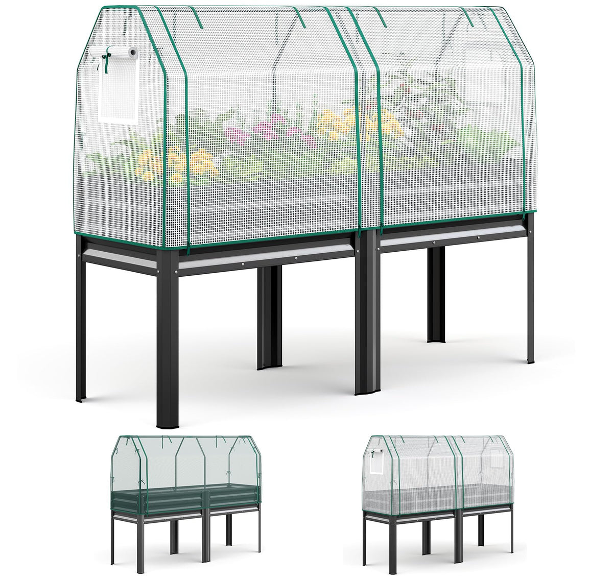 KING BIRD vista frontal de la cama elevada con cubierta, protege y organiza el cultivo