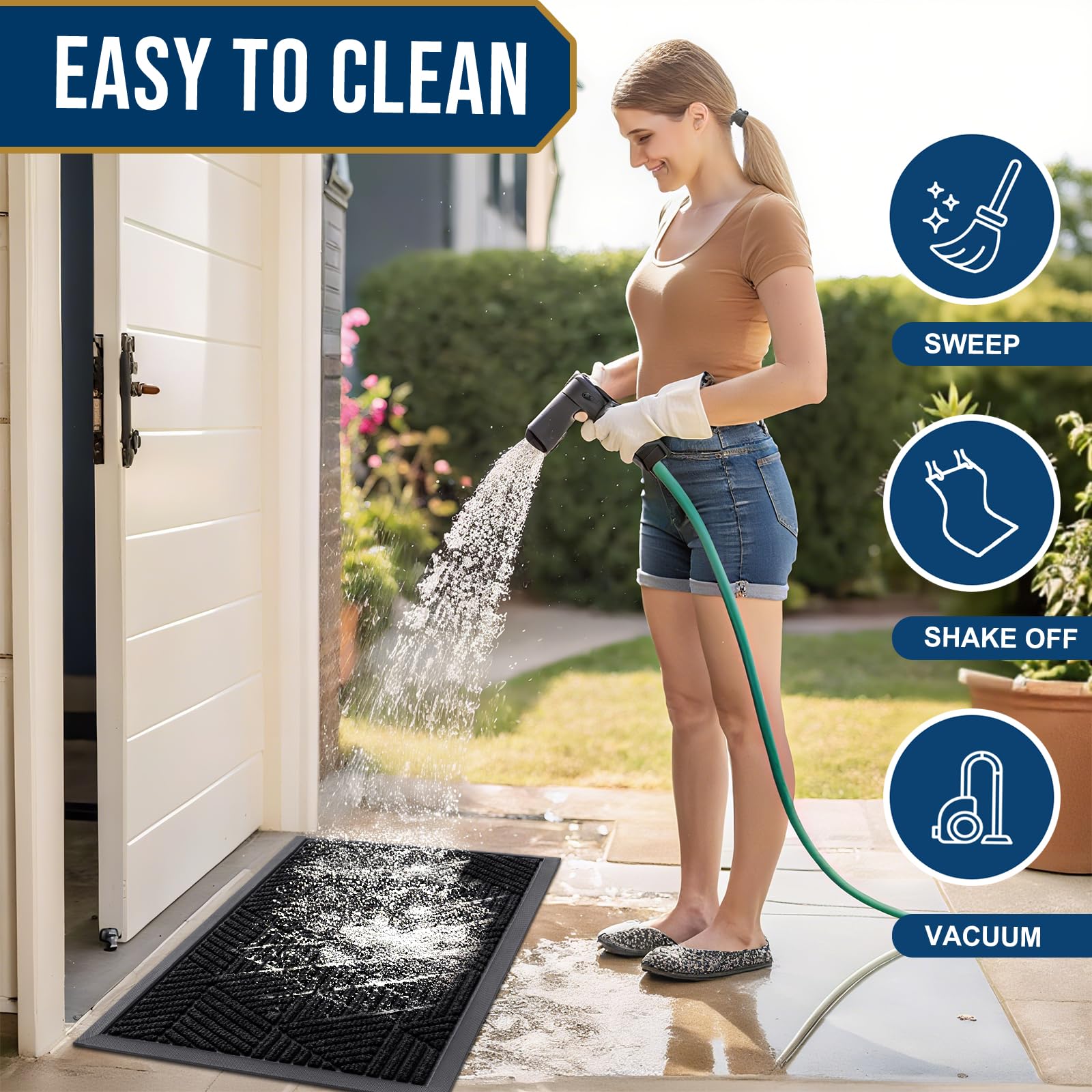 Kitinjoy felpudo mojado resistiendo lluvia sin deformarse