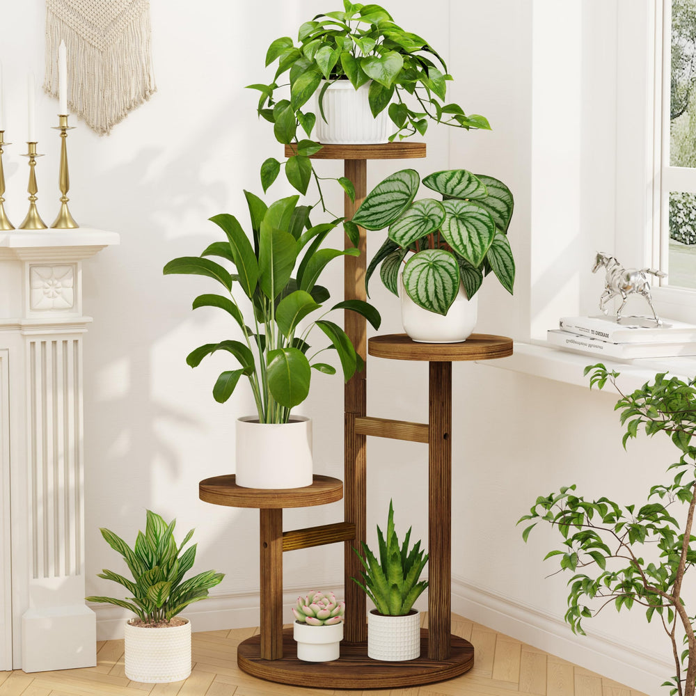 LASZOLA soporte plantas frontal mostrando tres niveles y estética rústica