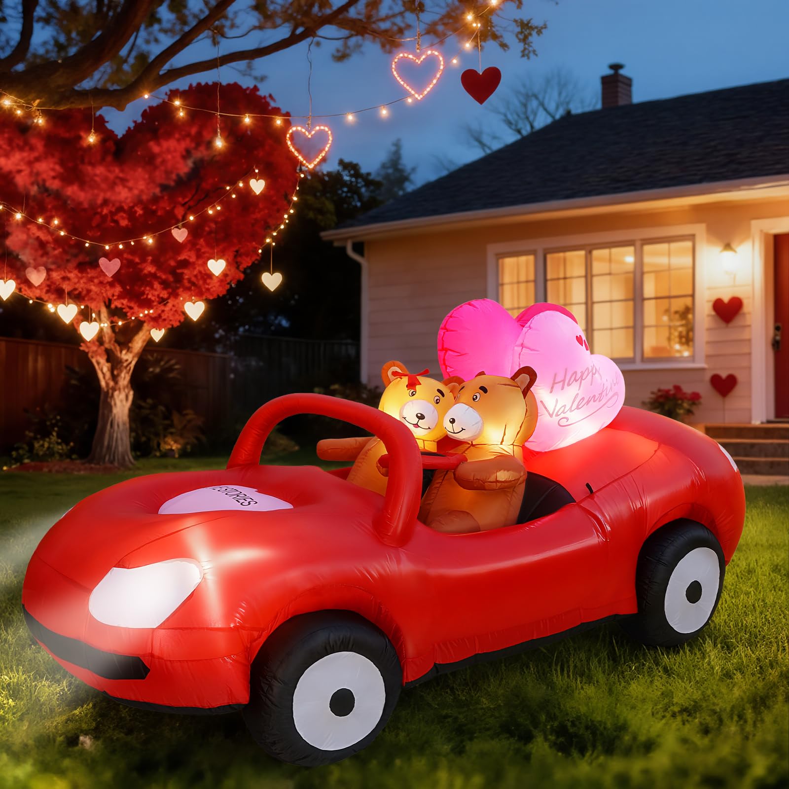 Lewondr inflable frontal mostrando coche con osos y corazones, atrae miradas