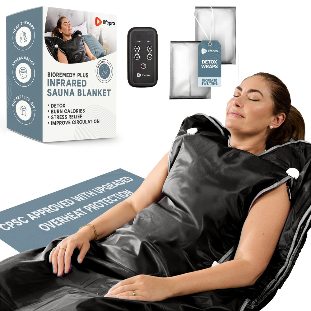 LifePro vista frontal del empaque mostrando la manta sauna y accesorios