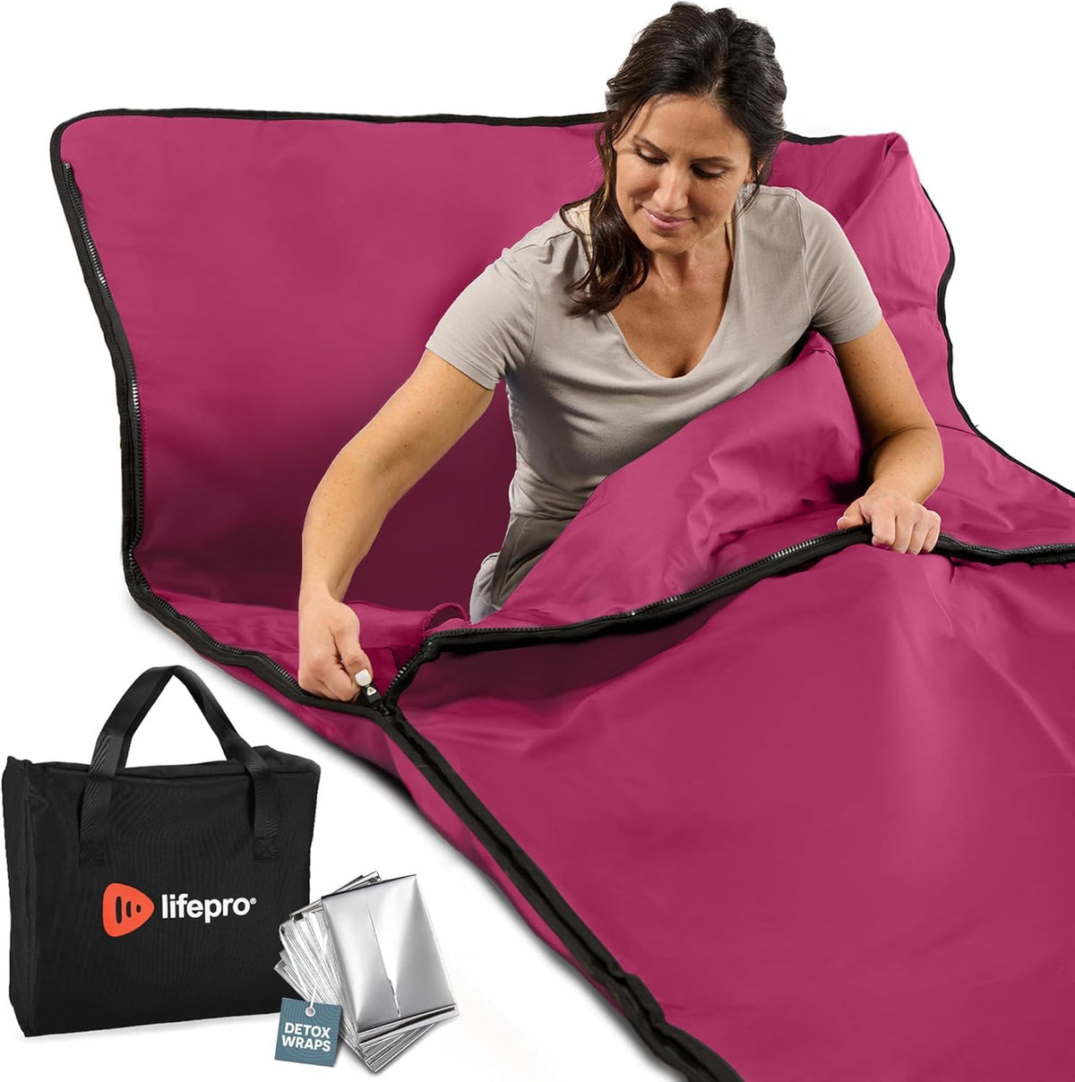 LifePro vista frontal de la manta sauna, cubre cuerpo entero y fácil entrada