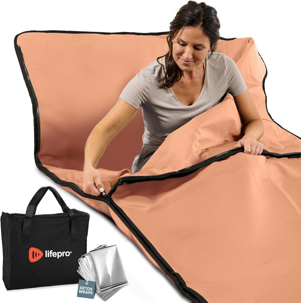 LifePro vista frontal del saco sauna, muestra ajuste de cuerpo entero