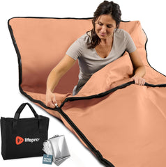 LifePro vista frontal del saco sauna, muestra ajuste de cuerpo entero