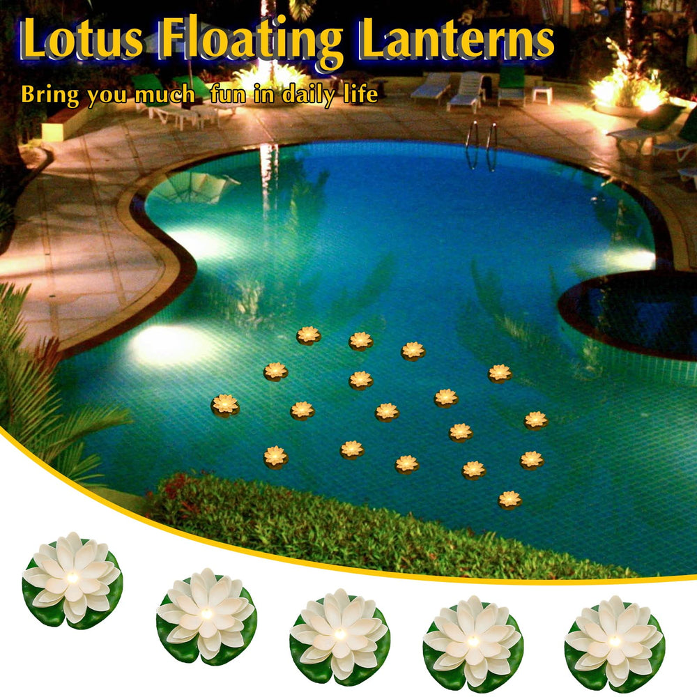 Liliful varias flores flotando en piscina nocturna, ambiente festivo inmediato